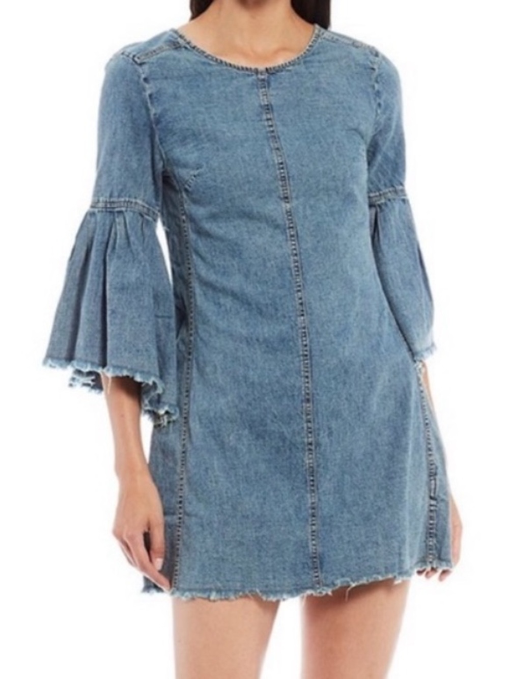 NWT Free People “Reckless Life” Denim Bell-Sleeve Mini Dress Size 4